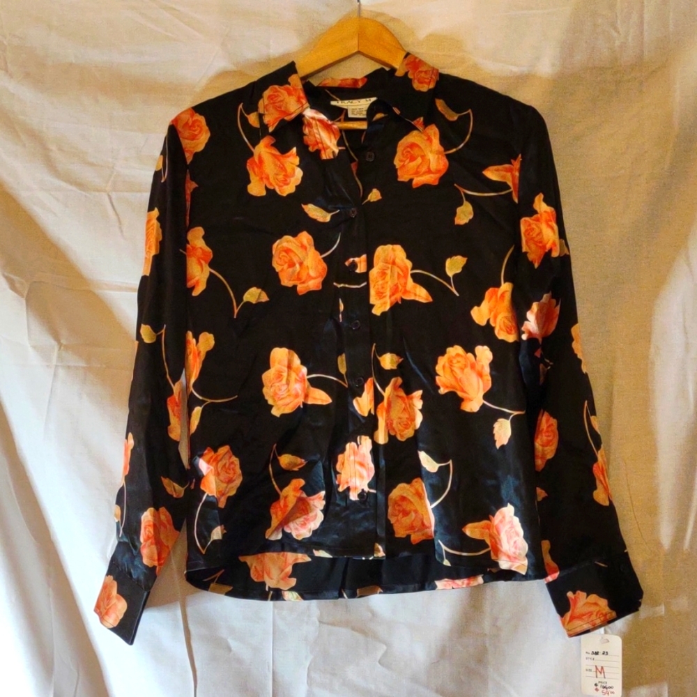 NWT Tracy M. Vintage Silk Long Sleeved Blouse Black w/ Pink Roses Size M